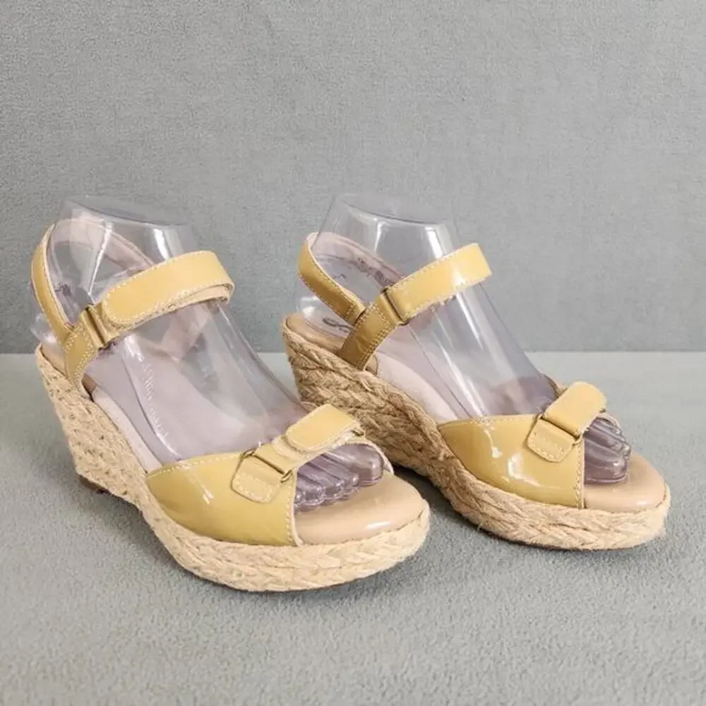 SOFTWALK Women's Patent Leather Espadrille Wedges Size 7M Comfort‎ Shoes Tan